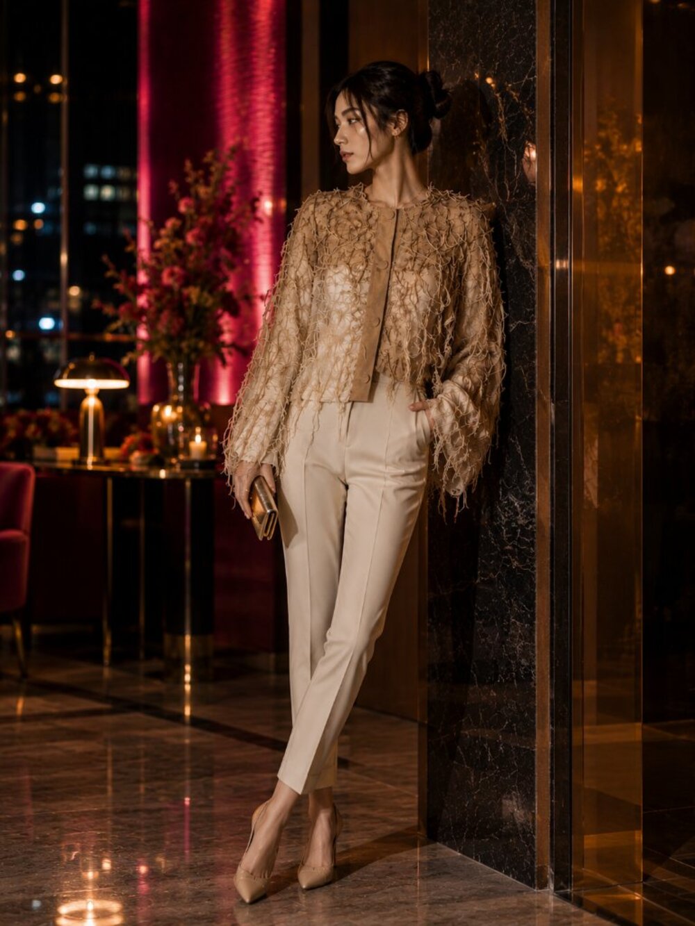 PIER ANTONIO GASPARI Beige textured fringe knit cardigan with long sleeves and a